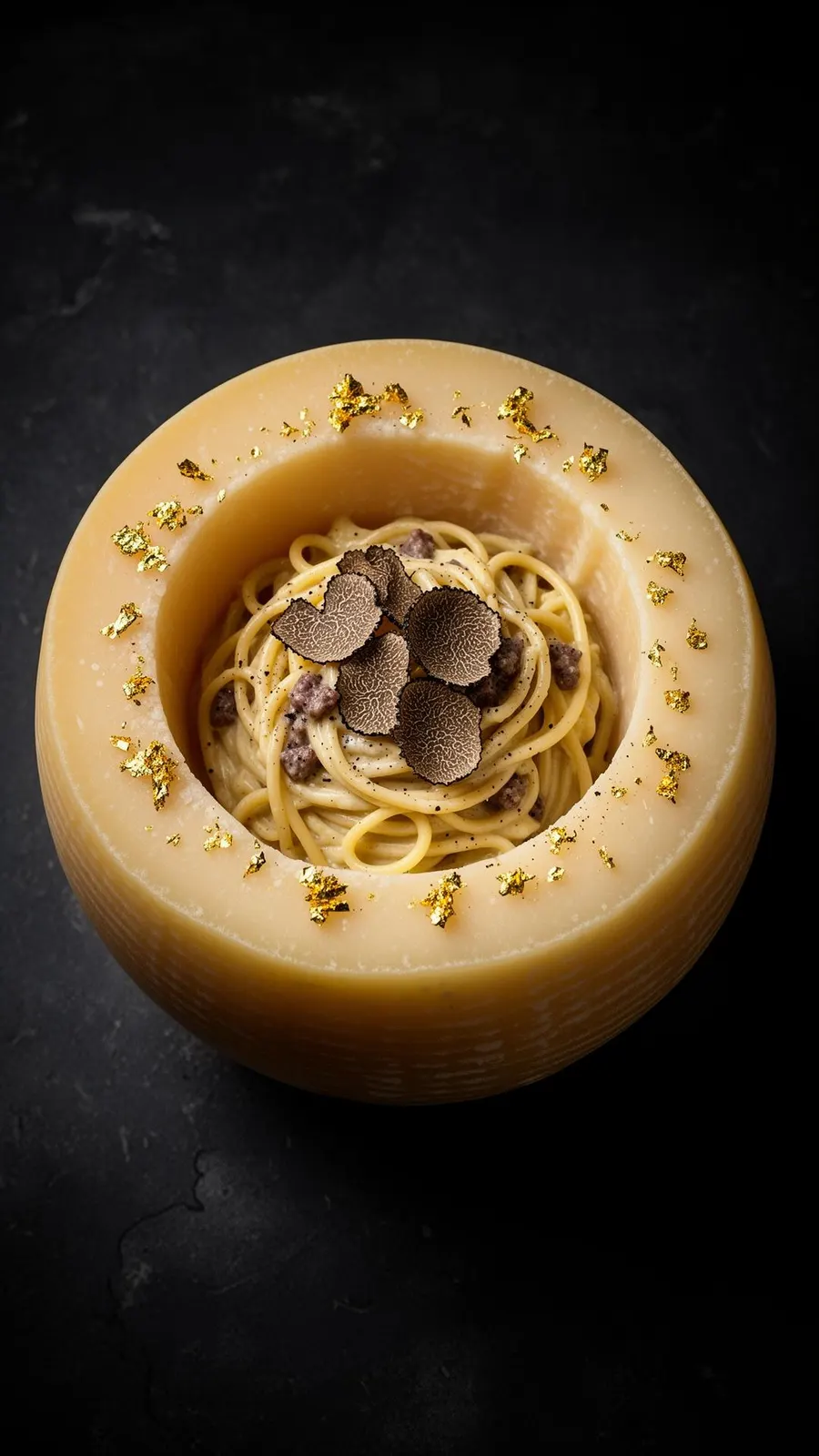 Truffle carbonara finished tableside in a pecorino wheel at 450 Gradi Miami