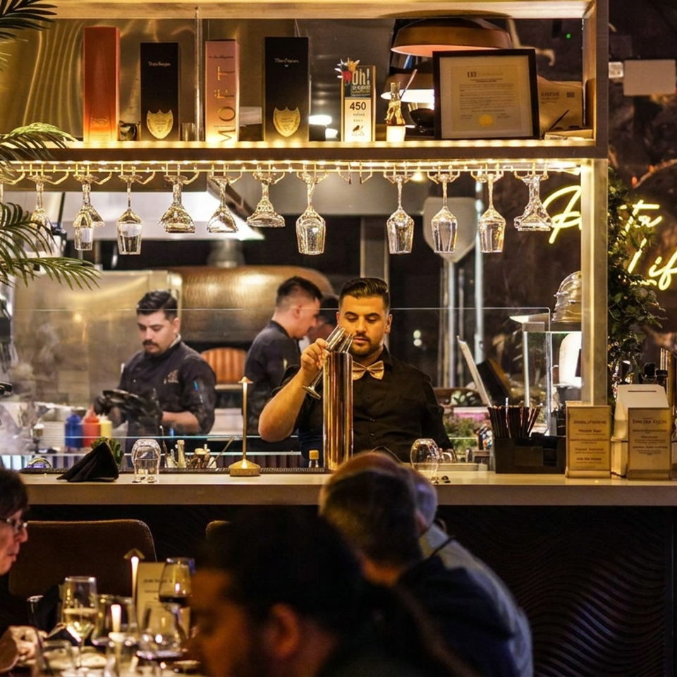 Bartender prepares a drink behind a warmly lit restaurant bar, with hanging glasses, plants, diners, and kitchen staff visible.