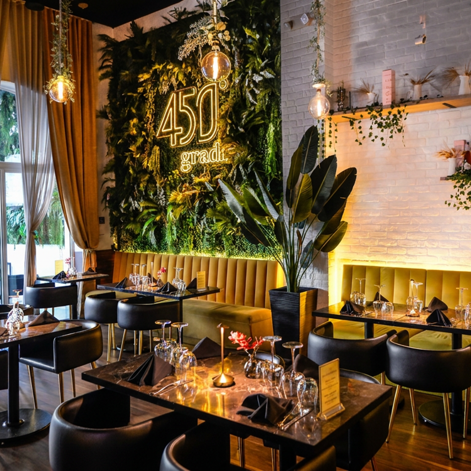 Elegant restaurant dining room with black tables, gold banquette seating, hanging lights, and a lush plant wall displaying “450 grad.”