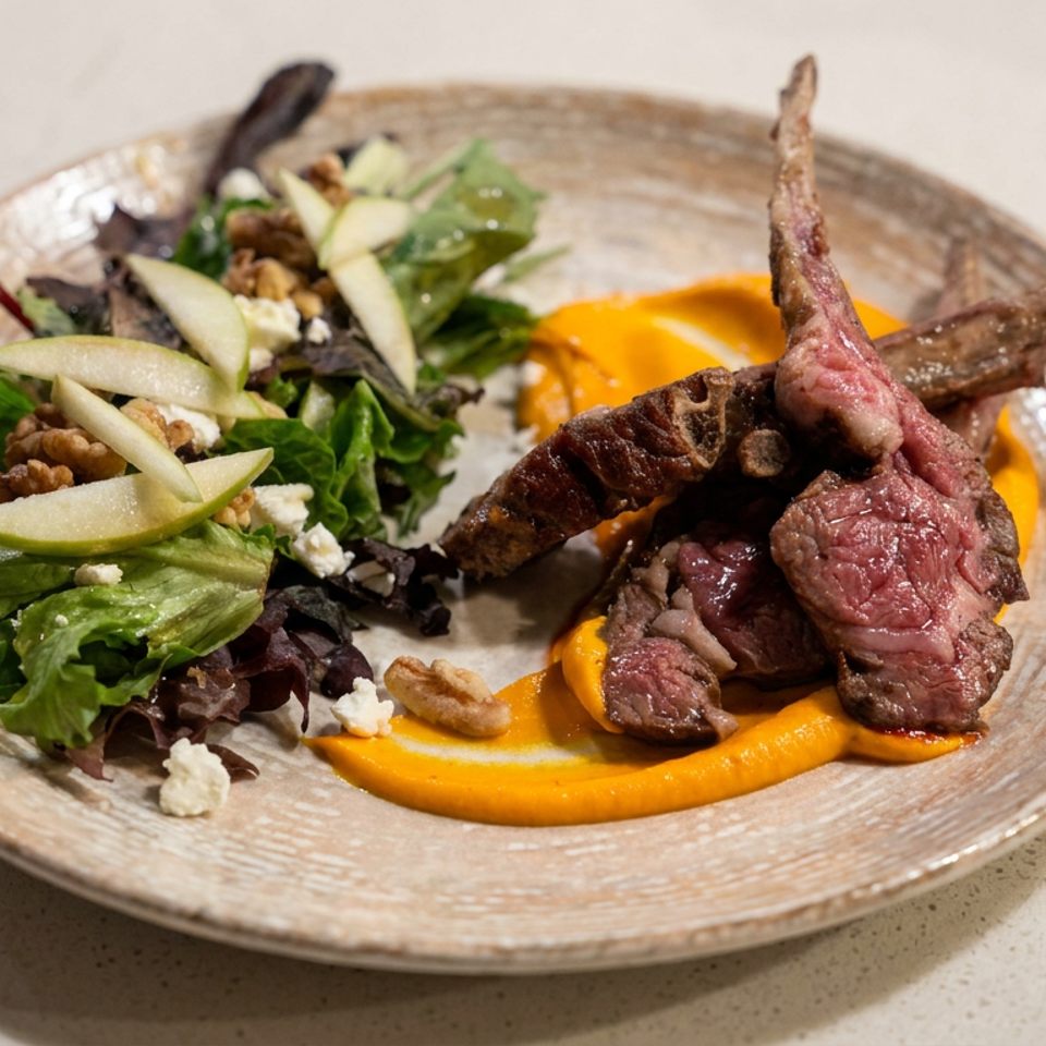 Grilled lamb chops with orange purée and mixed green salad topped with pear slices, walnuts, and crumbled cheese.
