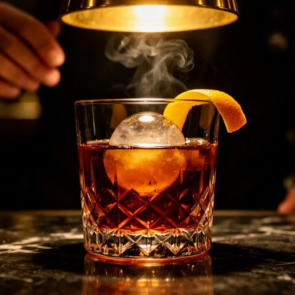 Smoked amber cocktail with a large ice sphere and orange peel in a cut-crystal glass on a dimly lit bar.