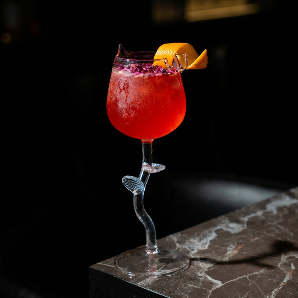 Vibrant red cocktail in an ornate stemmed glass, garnished with an orange twist, sits on a dark marble bar.