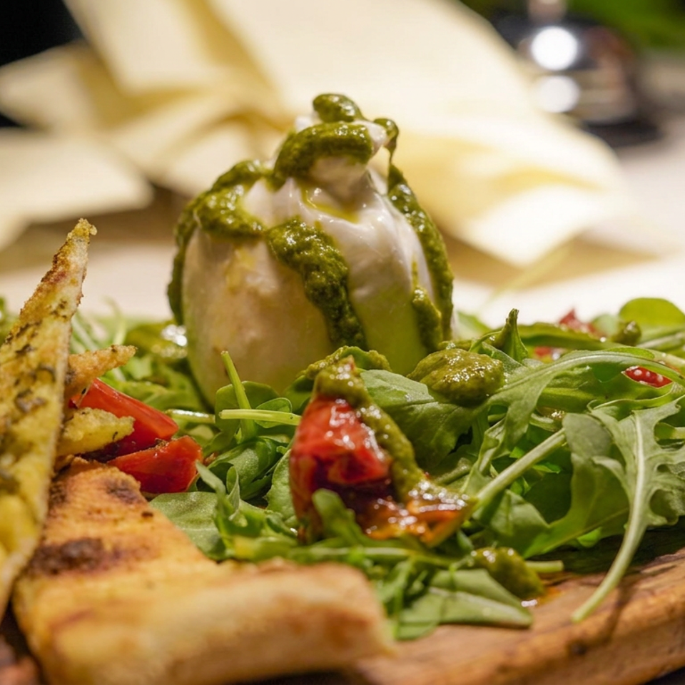 Burrata topped with green pesto, roasted tomatoes, arugula, and toasted bread served on a wooden board.
