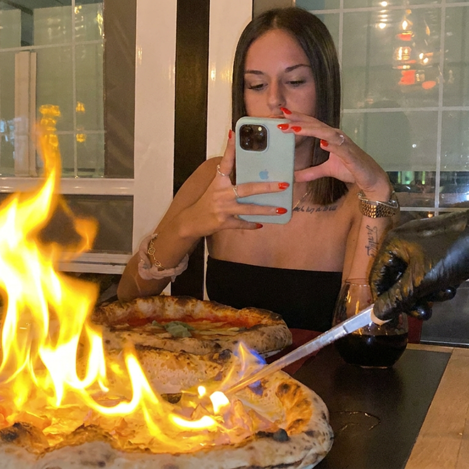 Flaming pizzas are served tableside while a diner photographs the presentation in a restaurant.